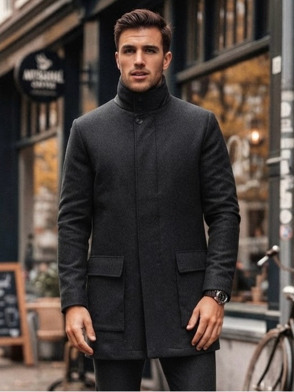 Longhi Men's 52L Black Cashmere Wool Blend Leather Trim Overcoat Jacket